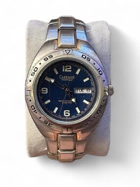 Vintage Men's Silver Carriage Timex Stainless Steel Blue Dial analogue Watch